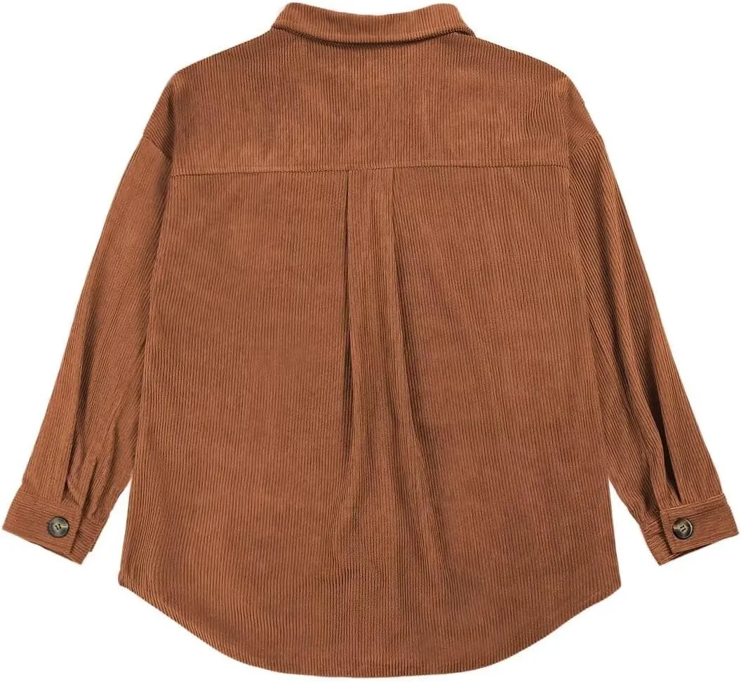 VICHYIE Womens Corduroy Shacket Blouses Button Down Shirts Pocket Long Sleeves Tops Jacket Coats