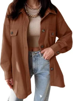 VICHYIE Womens Corduroy Shacket Blouses Button Down Shirts Pocket Long Sleeves Tops Jacket Coats