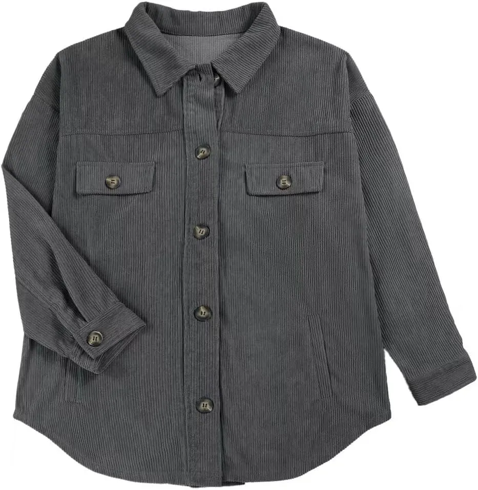 VICHYIE Womens Corduroy Shacket Blouses Button Down Shirts Pocket Long Sleeves Tops Jacket Coats