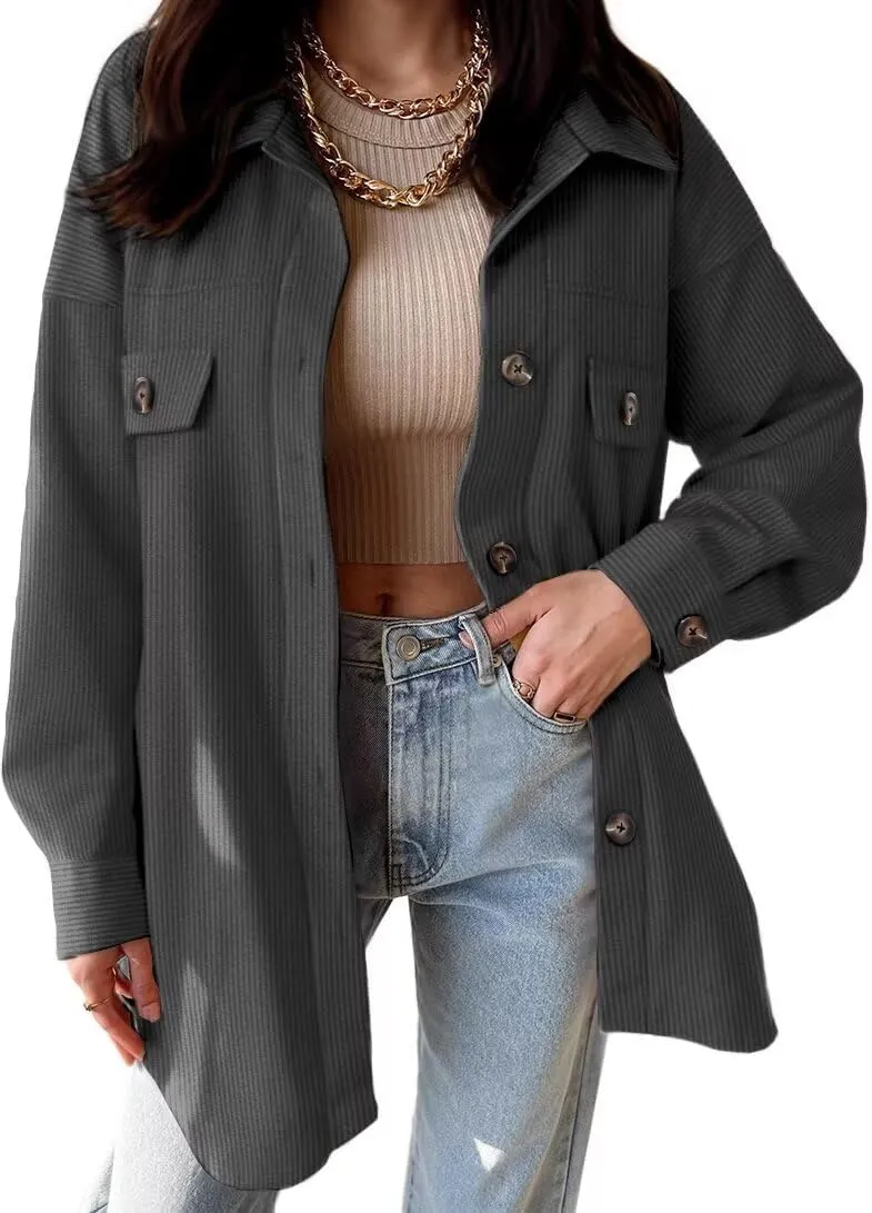 VICHYIE Womens Corduroy Shacket Blouses Button Down Shirts Pocket Long Sleeves Tops Jacket Coats