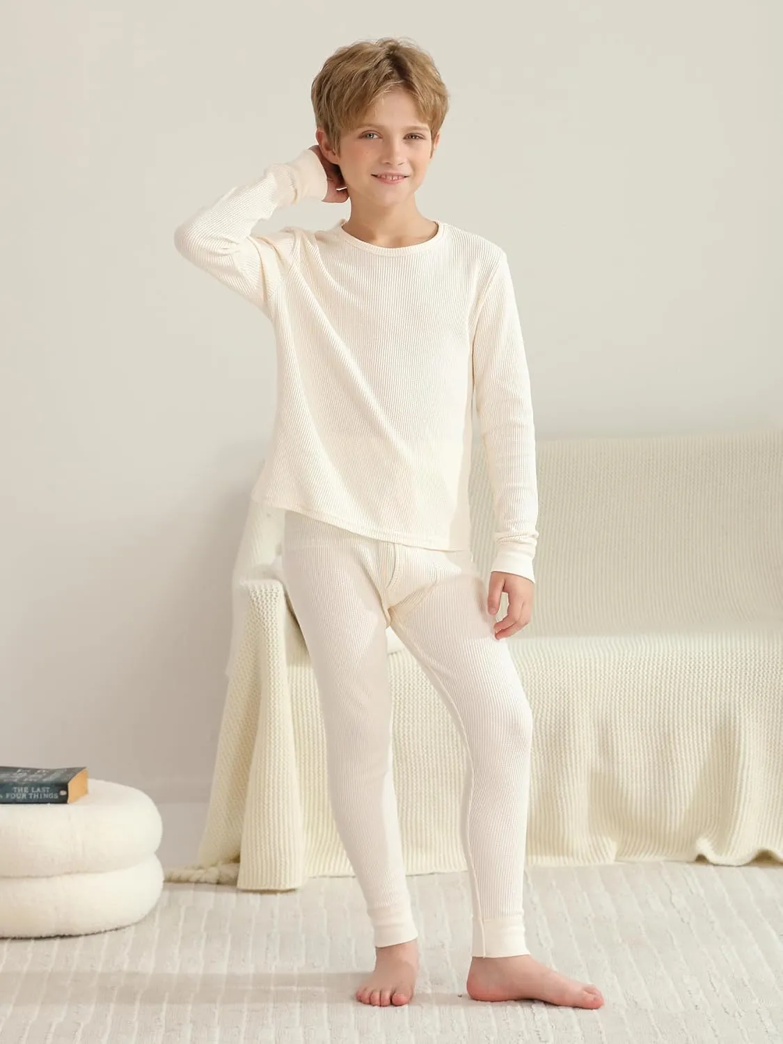 VZV 2 Set Thermal Underwear for Kids, Boys Long Sleeve Base Layer Waffle Thermals Top and Bottom Set