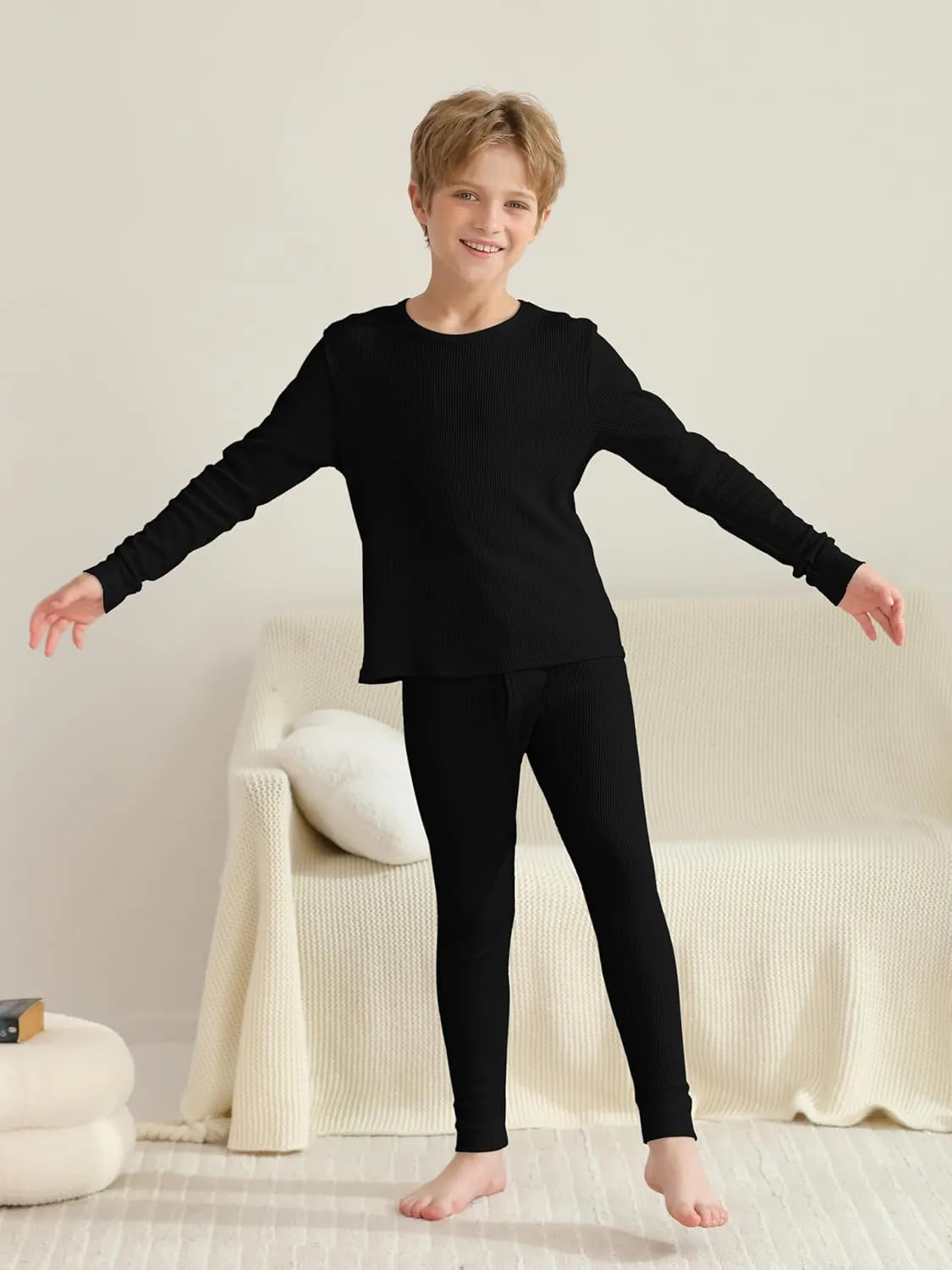 VZV 2 Set Thermal Underwear for Kids, Boys Long Sleeve Base Layer Waffle Thermals Top and Bottom Set
