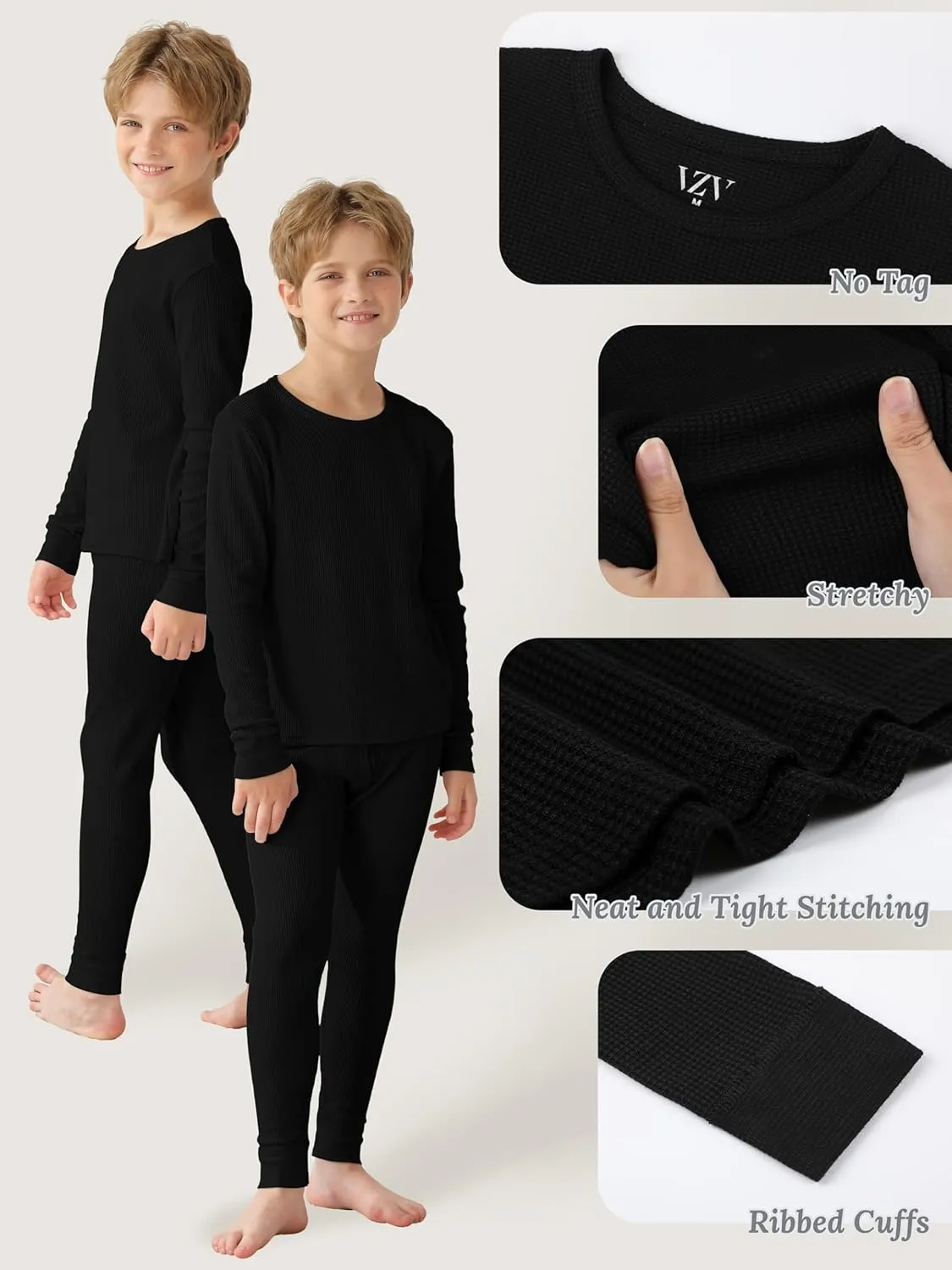 VZV 2 Set Thermal Underwear for Kids, Boys Long Sleeve Base Layer Waffle Thermals Top and Bottom Set