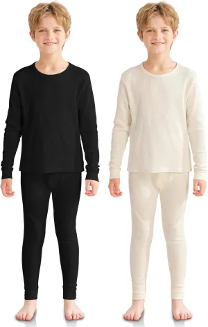 VZV 2 Set Thermal Underwear for Kids, Boys Long Sleeve Base Layer Waffle Thermals Top and Bottom Set