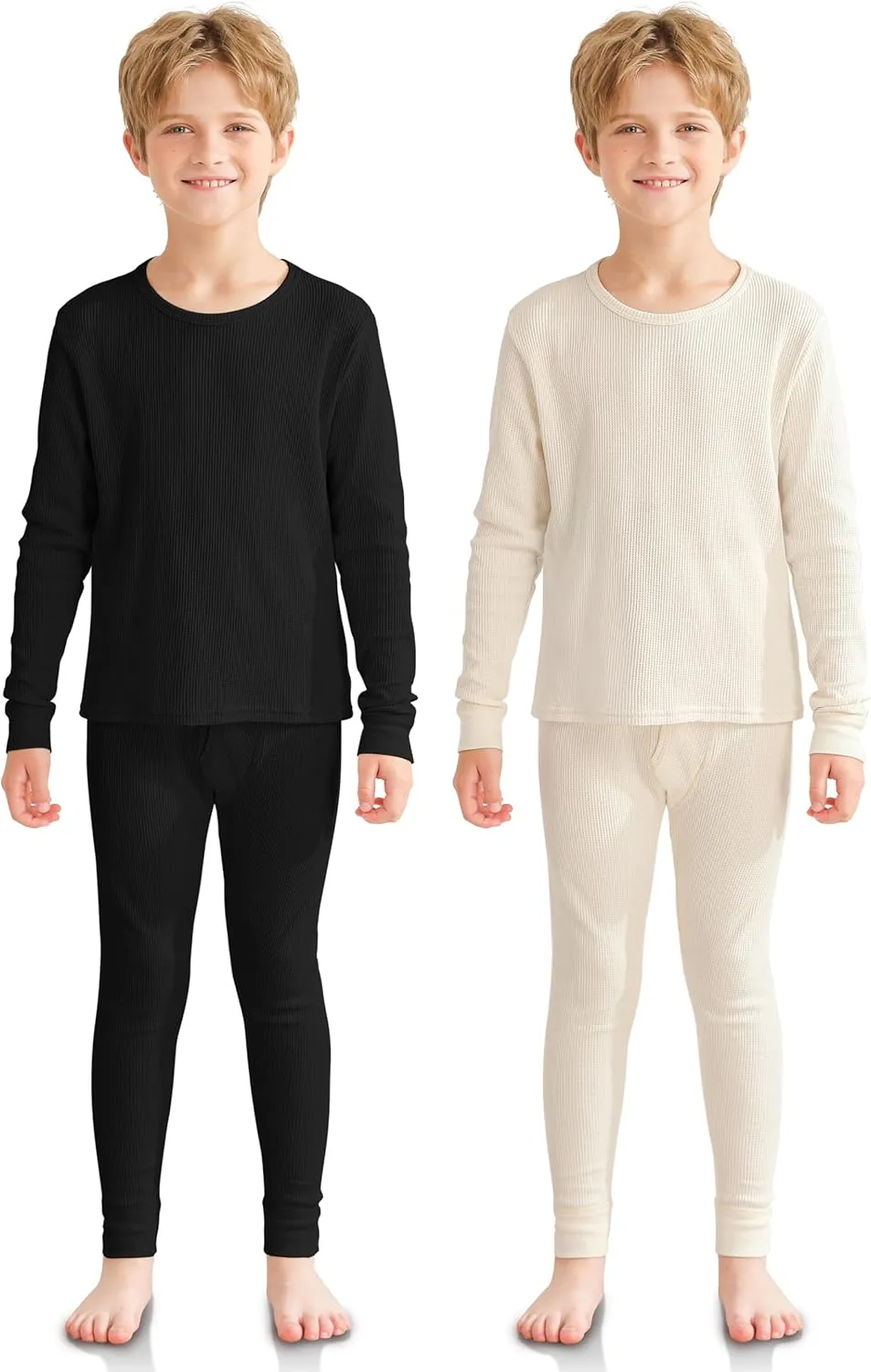 VZV 2 Set Thermal Underwear for Kids, Boys Long Sleeve Base Layer Waffle Thermals Top and Bottom Set